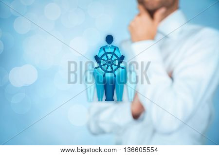 Captain as metaphor of influential team leader and manager with mission. Business leading concept.