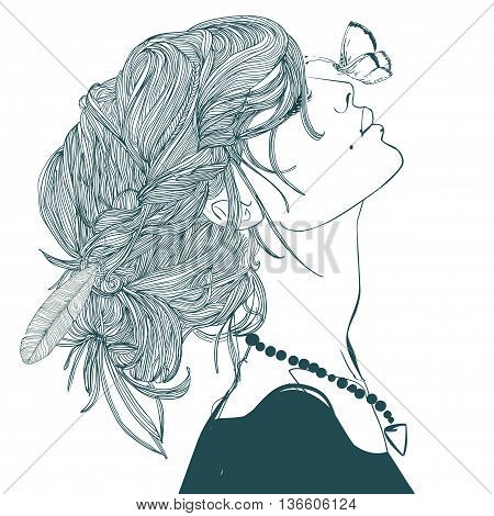 profile of beautiful young woman with butterfly