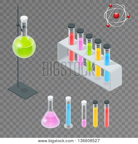Chemical test tube pictogram icons set. Erlenmeyer flask, distilling flask, volumetric flask, test tube. Chemical lab equipment isolated. Experiment flasks for science experiment. Isometric 3d vector.