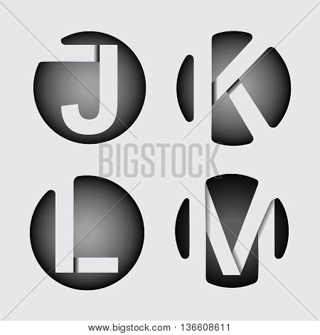 Capital letter J, K, , L, M . Made of wide white stripes Overlapping with shadows. Logo, monogram, emblem trendy design.