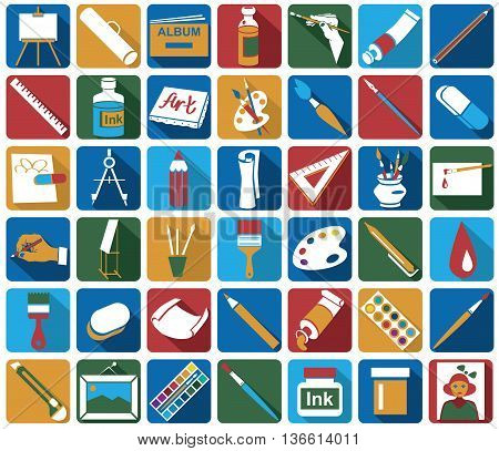 bright colored icons on white background on a theme: the attributes of art and creativity
