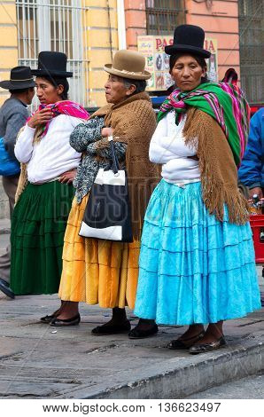 La Paz Bolivia-March 24 2015: Bolivian women in traditional clothes on the street La Paz.