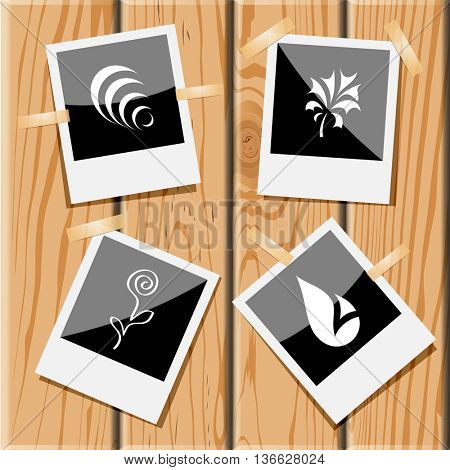 4 images: hanoi pyramid, plant, flower, drop. Abstract set. Photo frames on wooden desk. Vector icons.