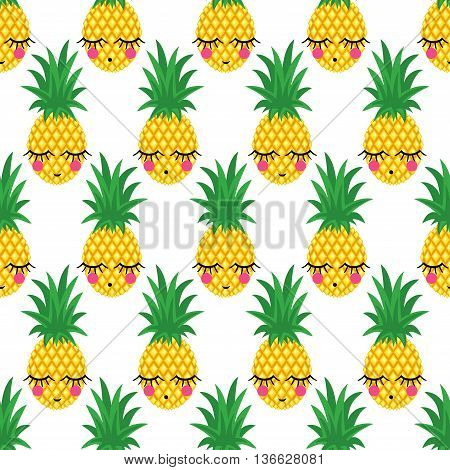 Seamless pattern with smiling sleeping pineapples for kids holidays. Vector pineapple background. Cute summer fruit illustration. Exotic summer concept. Cute bright baby shower vector background.