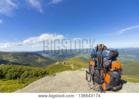 Camping with backpacks in the mountains with views of the mounta