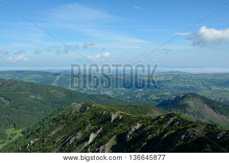 View towards Zakopane from trail to Gasienicowa valley in Tatra mountains in Poland