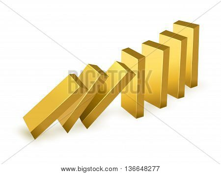 Falling price gold concept. Falling gold bars as dominoes. isolated on white background