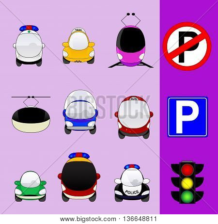 Set of various city traffic vehicles icons featuring taxi, hybrid car, delivery car, ambulance, police car, bus, MRT or train, cable railway, fire engine, mini van and parking signs and traffic light.