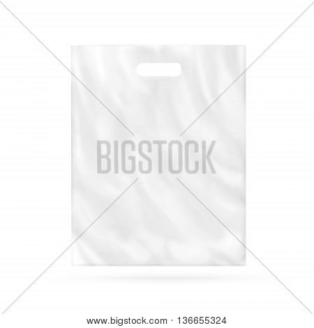Blank plastic bag mock up isolated 3d illustration. Empty white polyethylene package mockup. Consumer pack ready for logo design or identity presentation. Commercial product food packet handle. Magazine market parcel