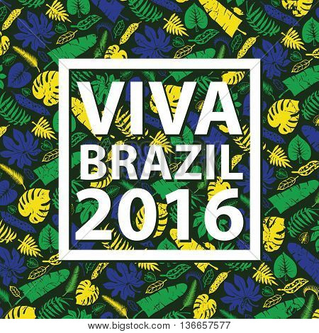 Brazil background.Title Hurrah Brasil.Tropical palm leaves hurrahpattern.Vector leaf , plant Silhouette the colors of the flag of Brazil , black background.Summer Illustration, banner for ompetition 2016