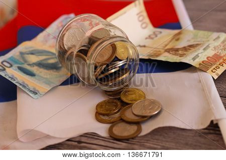 Money on the Russian flag. Russian money.