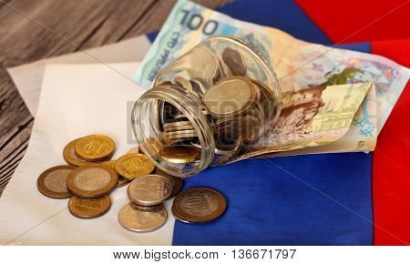 Money on the Russian flag. Russian money.
