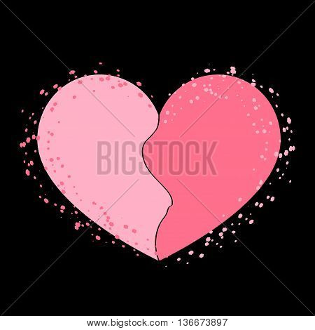 Halves heart icon. Two half puzzle. Broken shape sign isolated on black background. Beautiful symbol of heartache passion or Valentine day romantic love. Drawing brush grunge. Vector illustration