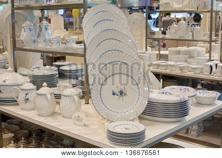 BANGKOK THAILAND - JANUARY 7 2016 : Section of ceramic tableware Patra in supermarket Siam Paragon. Siam Paragon is a one of the biggest shopping centres in Asia.