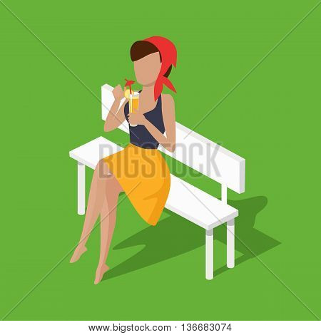Recreation woman on bench with juice. Beautiful attractive young girl sitting on a bench and rest drinking juice through a straw. Relax female sitting with cocktail isolated. Vector illustration