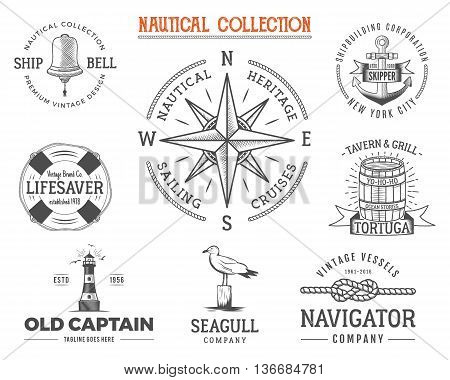 Vintage nautical stamps set. Old ship retro style. Sailing labels, emblems illustration. Nautical graphic symbols - rope, wind rose, anchor. Vector nautical sketch design. Adventure lifestyle.