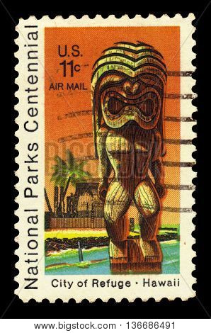 USA - CIRCA 1972: a stamp printed in the United States of America shows Kii Statue and Temple, City of Refuge at Honaunau, Hawaii, circa 1972