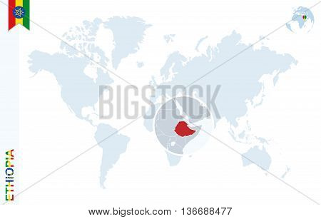 Blue World Map With Magnifying On Ethiopia.