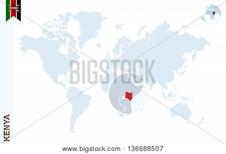 Blue World Map With Magnifying On Kenya.