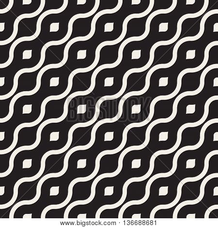 Vector Seamless Black And White Diagonal Wavy Lines Geometric Pattern