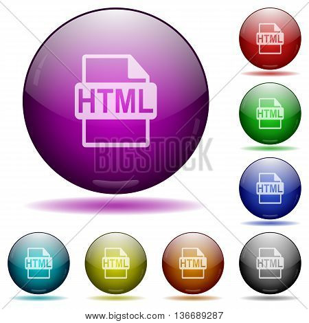 Set of color HTML file format glass sphere buttons with shadows.