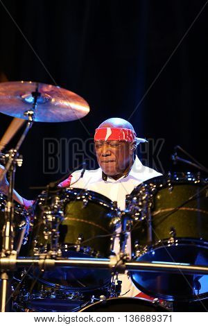 CRACOW POLAND - MARCH 16 2016: Famous American drummer Billy Cobham live on stage in ICE Cracow Poland