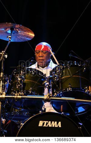 CRACOW POLAND - MARCH 16 2016: Famous American drummer Billy Cobham live on stage in ICE Cracow Poland