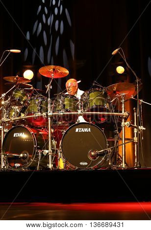 CRACOW POLAND - MARCH 16 2016: Famous American drummer Billy Cobham live on stage in ICE Cracow Poland