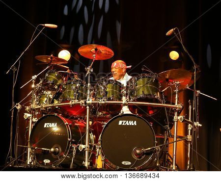CRACOW POLAND - MARCH 16 2016: Famous American drummer Billy Cobham live on stage in ICE Cracow Poland