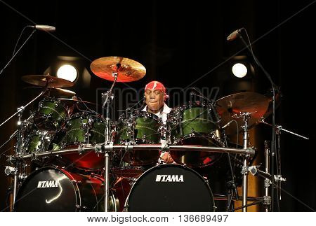 CRACOW POLAND - MARCH 16 2016: Famous American drummer Billy Cobham live on stage in ICE Cracow Poland