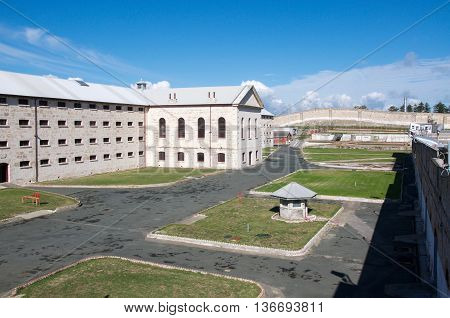 FREMANTLE,WA,AUSTRALIA-JUNE 13,2016:  Overhead view of the limestone Fremantle Prison and outdoor yard in Fremantle, Western Australia.