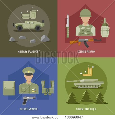 Army flat design with military transport weapon of officer and soldier combat technique isolated vector illustration