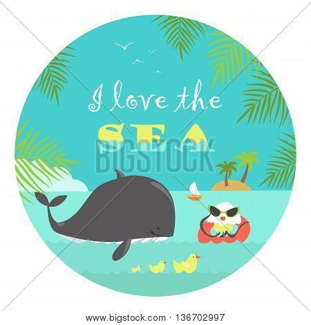 Whale and jellyfish swiming in the sea. Vector illustration