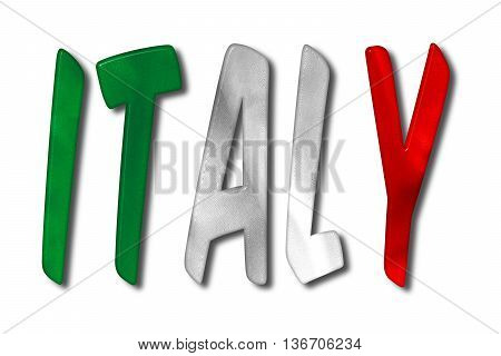 Italy word 3D illustration with a flag texture on an isolated white background with a clipping path for both with and without the shadow