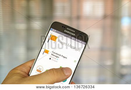 MONTREAL CANADA - JUNE 24 2016 : Facebook Pages Manager application on Samsung S7 screen. Facebook Pages Manager is the official Facebook page management tool.