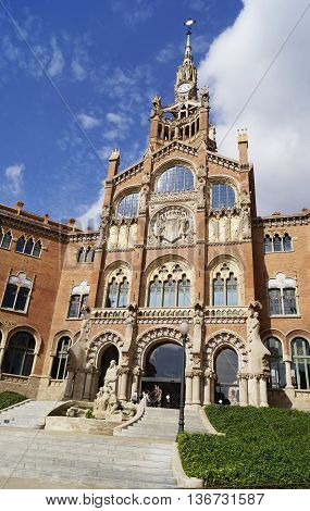 BARCELONA SPAIN - OCTOBER 08 2015: Former monastery and hospital Recinte Modernista de Sant Pau in Barcelona Spain