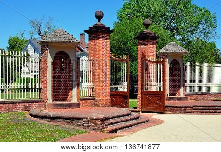 New Bern North Carolina - April 24 2016: - Entrance gates and rounded sentry booths at 1770 Tryon Palace *