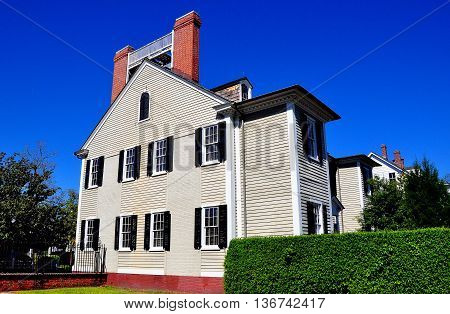 New Bern North Carolina - April 24 2016: Wooden gray clapboard 1835 Dixon House at Tryon Palace *