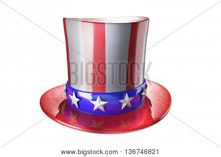 Uncle Sam hat on white background. 3d illustration. Hat for independence day. Uncle Sam hat isolated. National Patriotic hat in America. Cylinder Uncle Sam USA