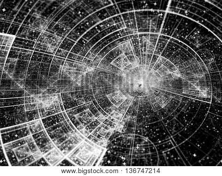 Abstract technology or scientific background - computer-generated black and wnite image. Fractal background with tech style disk, stars and rays. For covers, banners, web-design.