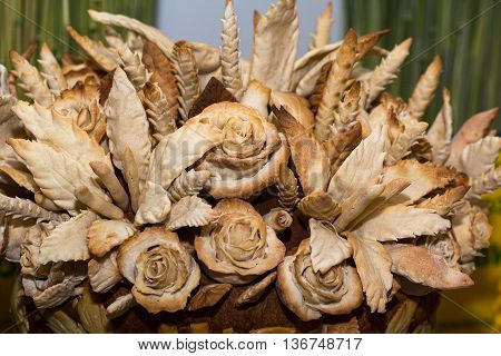 Beautiful cake with flowers made of dough. Food