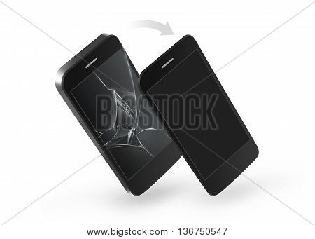 Phone broken screen repair 3d illustration. Change of crashed glass touchscreen on the smartphone. Solve problem. Scratch cellphone display monitor. Gadget damage. Device destroy and replacement. Wrack smash hit.