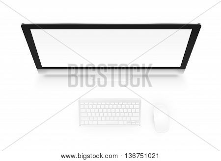 Computer mock up with keyboard and mouse from above isolated 3d illustration. Office workspace with pc mockup top view. Creator workplace template atop. Blank screen for internet web site project presentation.