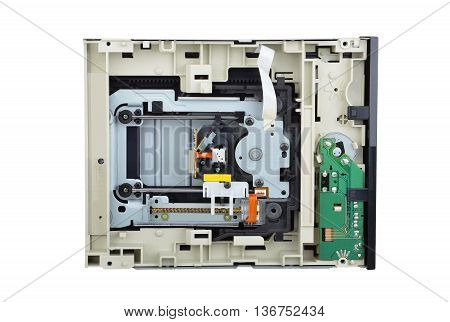 Detailed view of the inside of DVD disk drive (cd-rom)