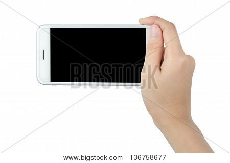 Hand holding smart phone isolated on white background with clipping path