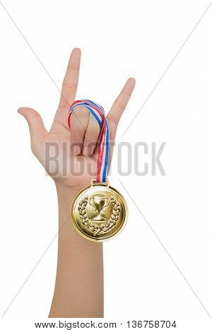 Love hand sign with gold medal success in love concept isolated on white background with clipping path