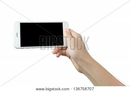 Hand holding smart phone isolated on white background with clipping path