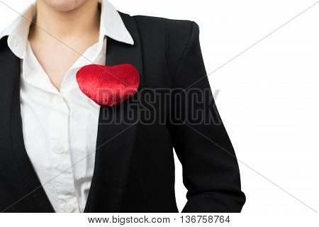 Businesswoman with red heart on left chest isolated on white background with clipping path.