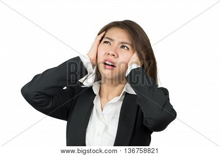 Young Asian business woman confused and headached isolated on white with clipping path