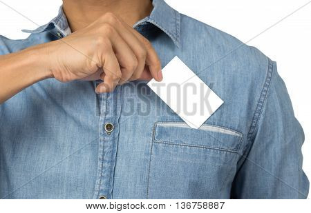 Man with jean shirt holding business card isolated on white with clipping path